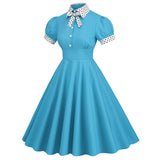 Women 1950s Vintage Short Sleeve Peter Pan Collar Polka Dot A Line Midi Summer Dress Cocktail Party Evening Prom Gown