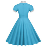 Women 1950s Vintage Short Sleeve Peter Pan Collar Polka Dot A Line Midi Summer Dress Cocktail Party Evening Prom Gown