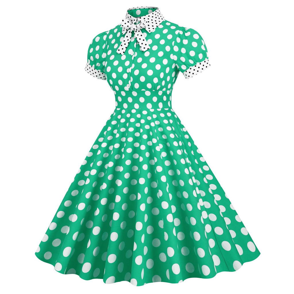 Women 1950s Vintage Short Sleeve Peter Pan Collar Polka Dot A Line Midi Summer Dress Cocktail Party Evening Prom Gown
