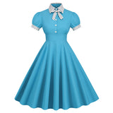 Women 1950s Vintage Short Sleeve Peter Pan Collar Polka Dot A Line Midi Summer Dress Cocktail Party Evening Prom Gown