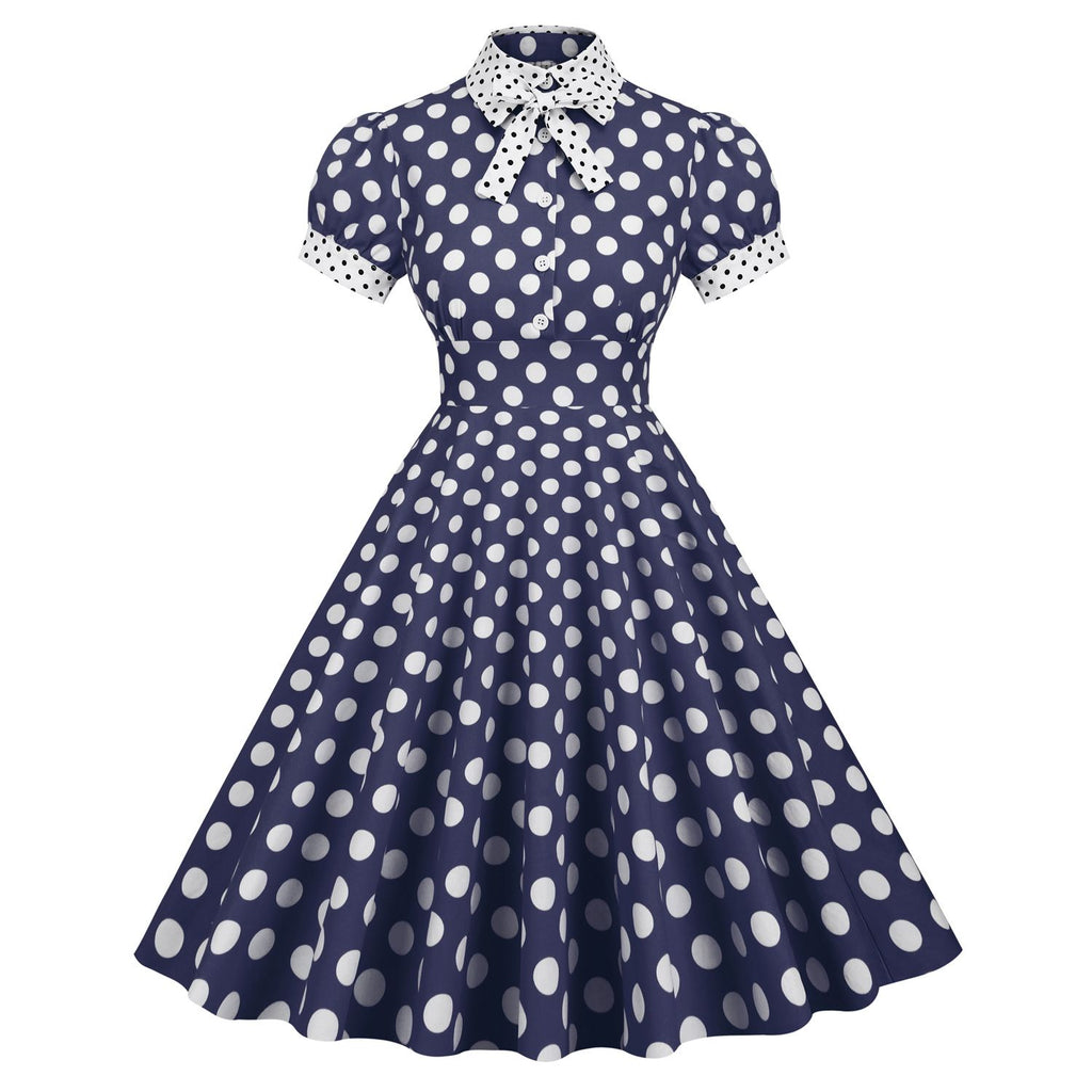 Women 1950s Vintage Short Sleeve Peter Pan Collar Polka Dot A Line Midi Summer Dress Cocktail Party Evening Prom Gown