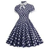 Women 1950s Vintage Short Sleeve Peter Pan Collar Polka Dot A Line Midi Summer Dress Cocktail Party Evening Prom Gown