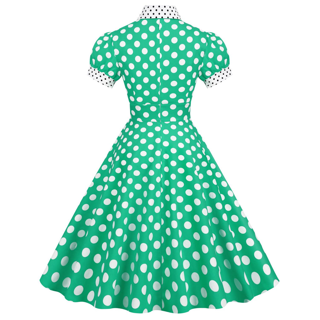 Women 1950s Vintage Short Sleeve Peter Pan Collar Polka Dot A Line Midi Summer Dress Cocktail Party Evening Prom Gown