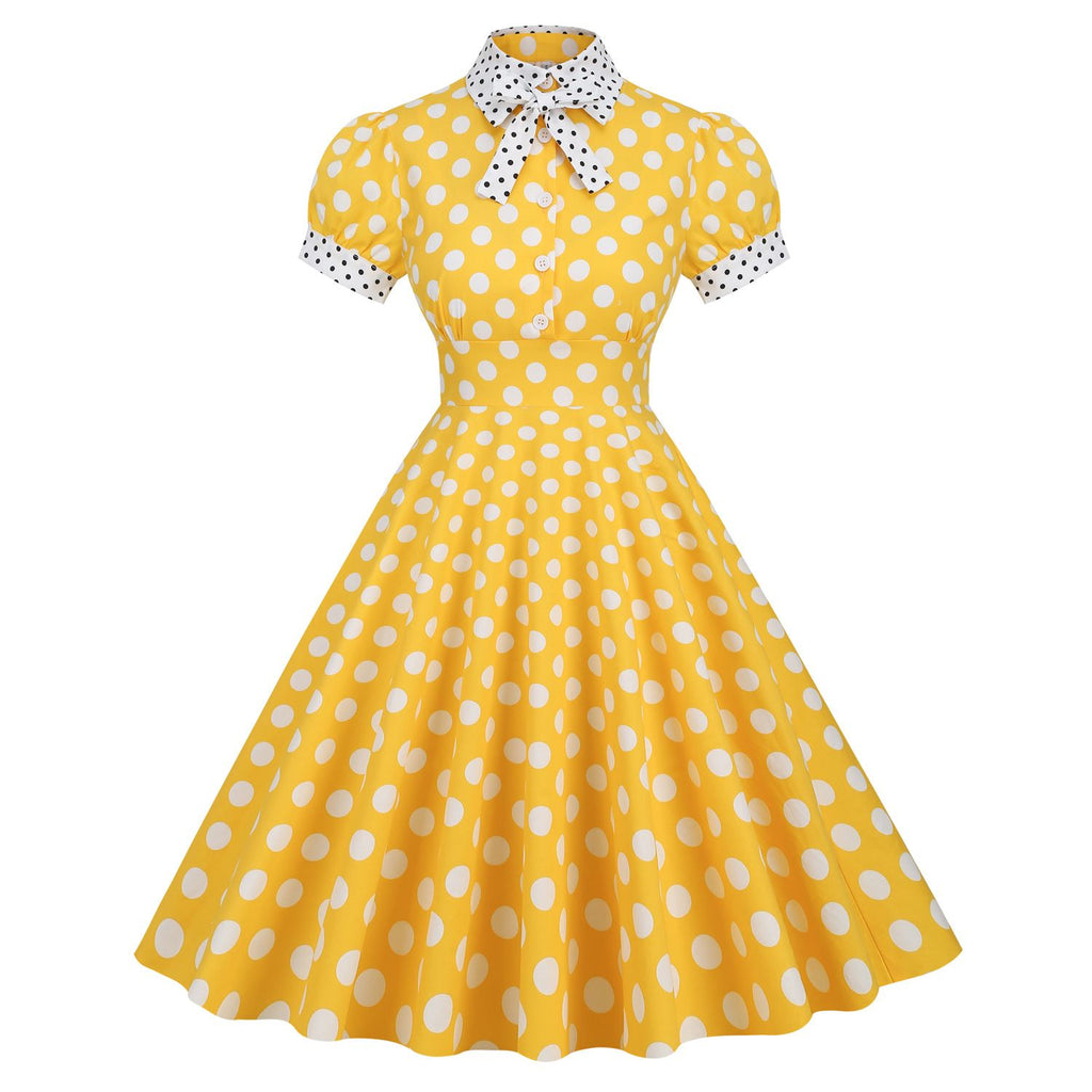 Women 1950s Vintage Short Sleeve Peter Pan Collar Polka Dot A Line Midi Summer Dress Cocktail Party Evening Prom Gown