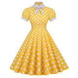 Women 1950s Vintage Short Sleeve Peter Pan Collar Polka Dot A Line Midi Summer Dress Cocktail Party Evening Prom Gown