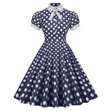 Women 1950s Vintage Short Sleeve Peter Pan Collar Polka Dot A Line Midi Summer Dress Cocktail Party Evening Prom Gown