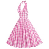 Women 1950s Pink Plaid Dress Pink Gingham Dress 50s Vintage Halloween Costume Dresses