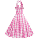 Women 1950s Pink Plaid Dress Pink Gingham Dress 50s Vintage Halloween Costume Dresses