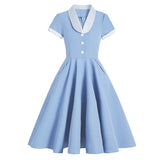 Women 1950s Vintage Style Audrey Hepburn Short Sleeve Peter Pan Collar Rockabilly Gown