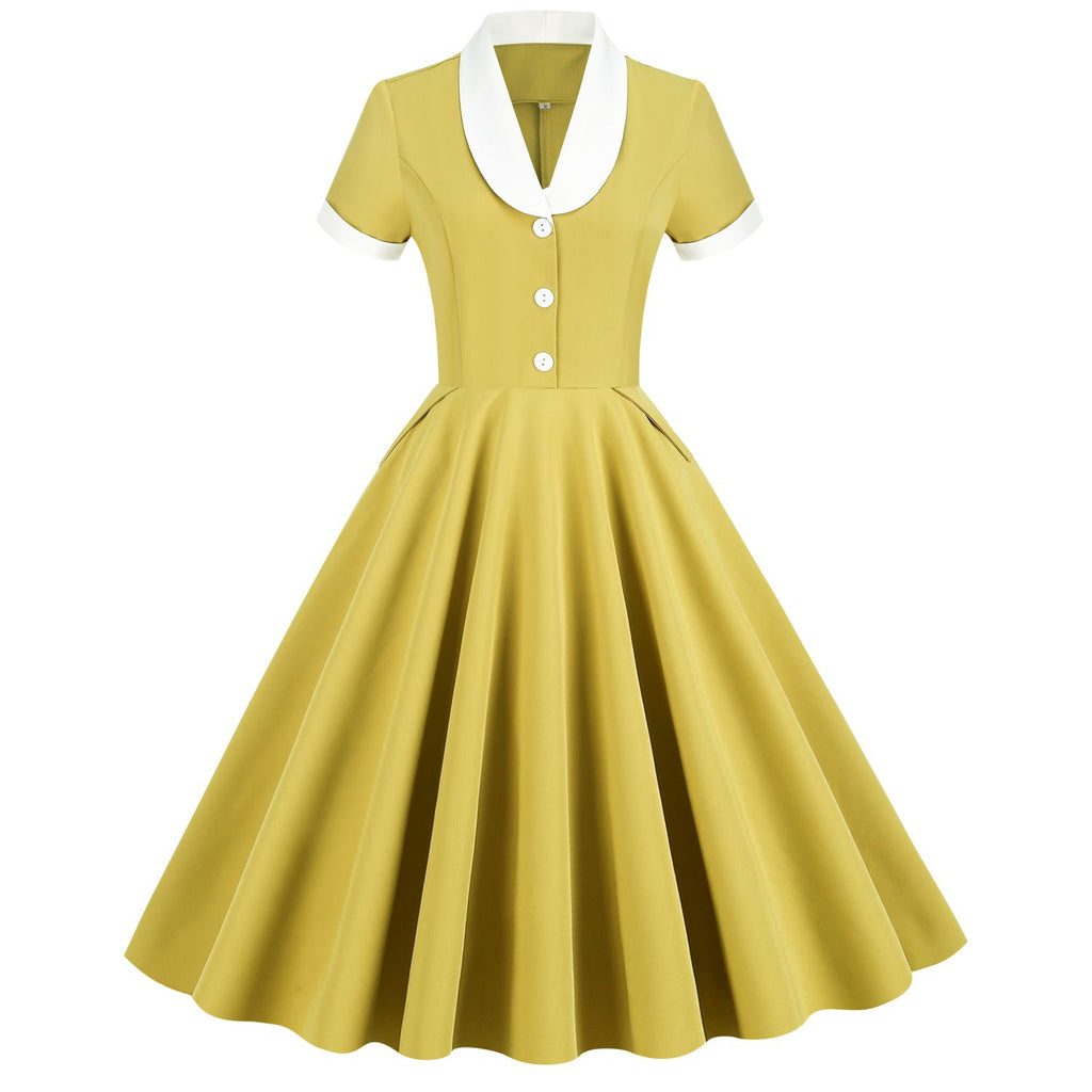 Women 1950s Vintage Style Audrey Hepburn Short Sleeve Peter Pan Collar Rockabilly Gown