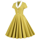 Women 1950s Vintage Style Audrey Hepburn Short Sleeve Peter Pan Collar Rockabilly Gown