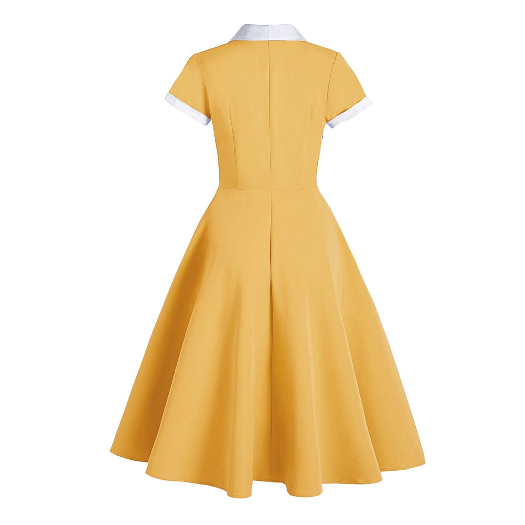 Women 1950s Vintage Style Audrey Hepburn Short Sleeve Peter Pan Collar Rockabilly Gown