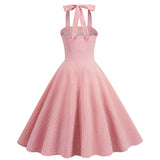 Women 50s Vintage Halter Cocktail Dress Rockabilly Audrey Hepburn Pink Prom Tea Party Dress