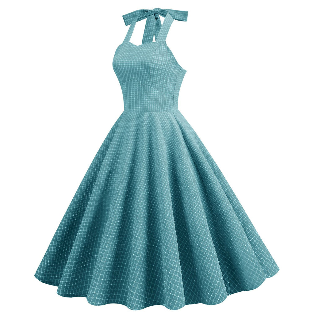Women 50s Vintage Halter Cocktail Dress Rockabilly Audrey Hepburn Pink Prom Tea Party Dress