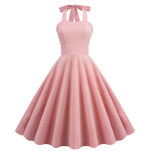 Women 50s Vintage Halter Cocktail Dress Rockabilly Audrey Hepburn Pink Prom Tea Party Dress