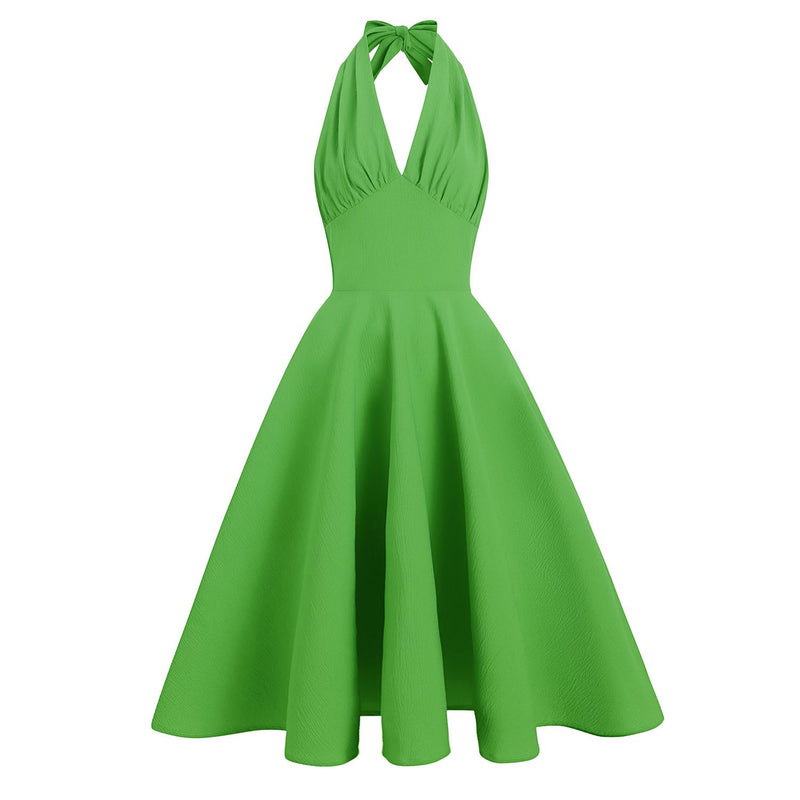 Women 50s Vintage Halter Cocktail Swing Dress Sexy V Neck 1950s Rockabilly Prom Tea Party Midi Dresses