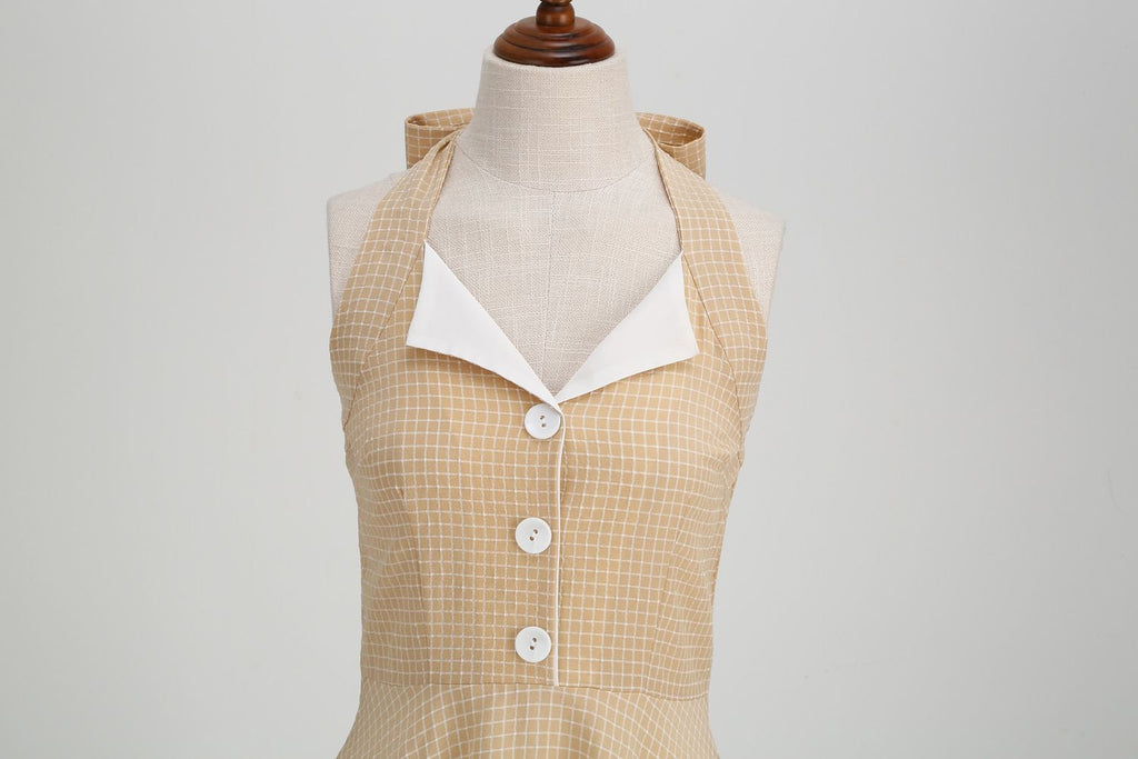Women 50s Vintage Polka Dot Halter Cocktail Swing Dress Buttons 1950s Audrey Hepburn Dress