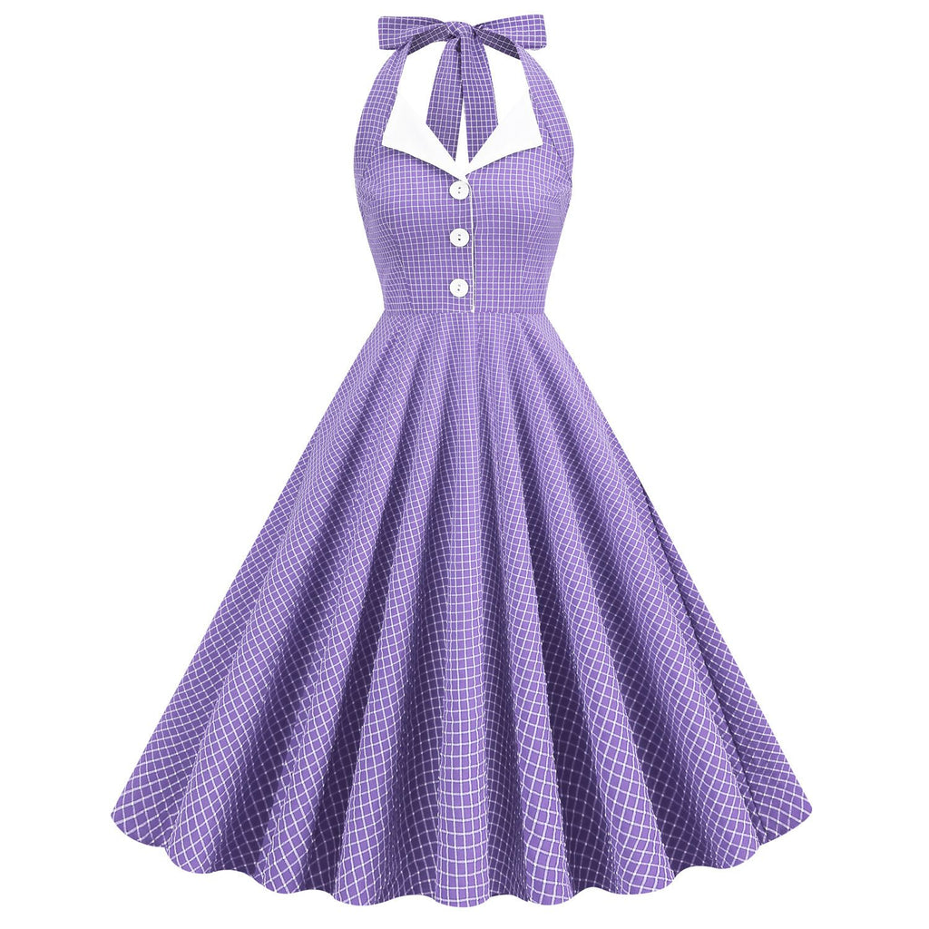 Women 50s Vintage Polka Dot Halter Cocktail Swing Dress Buttons 1950s Audrey Hepburn Dress