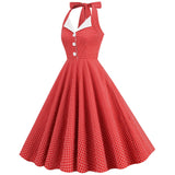 Women 50s Vintage Polka Dot Halter Cocktail Swing Dress Buttons 1950s Audrey Hepburn Dress