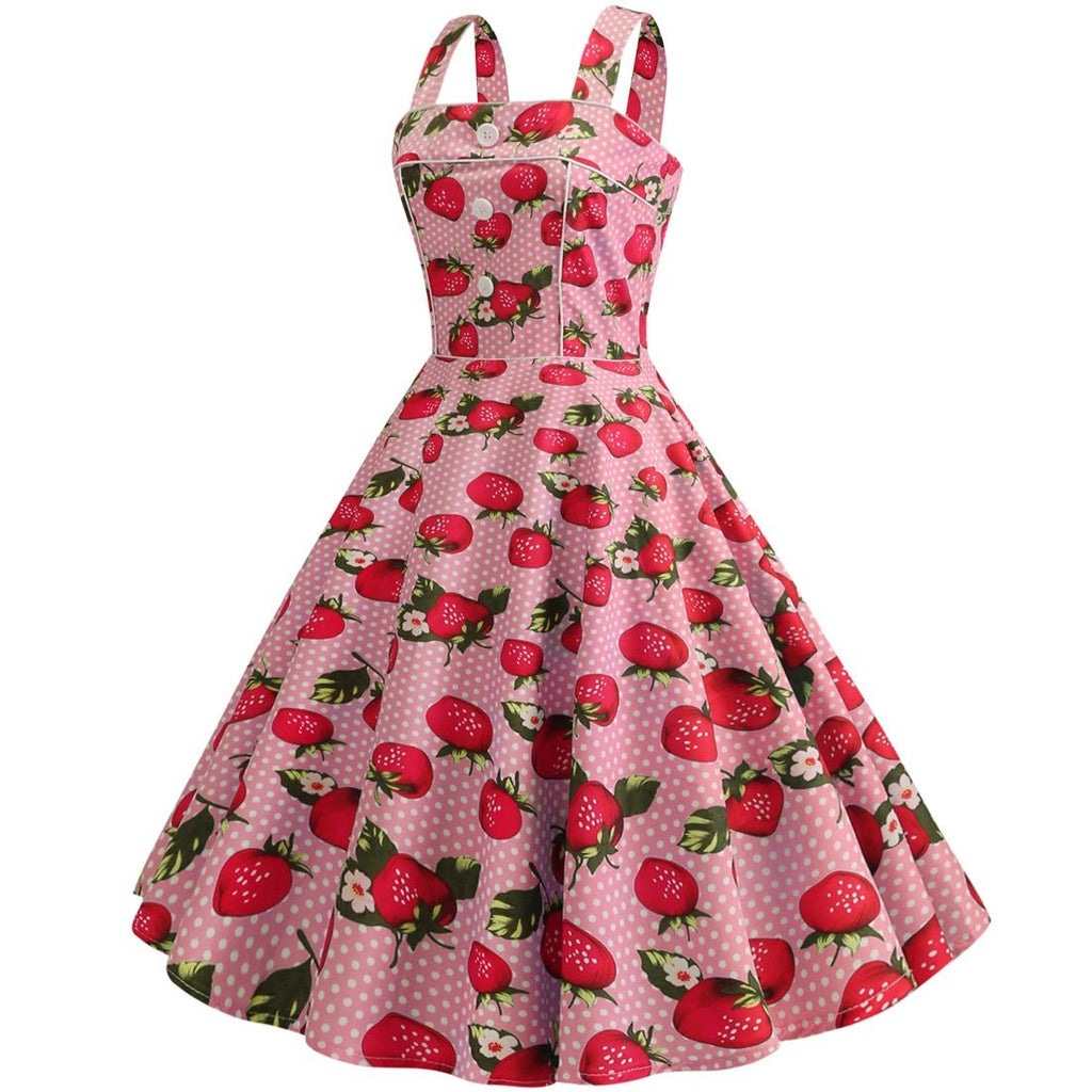 Women Cherries Strawberry Print Vintage Prom Dress Sleeveless 1950s Retro Evening Party Dress