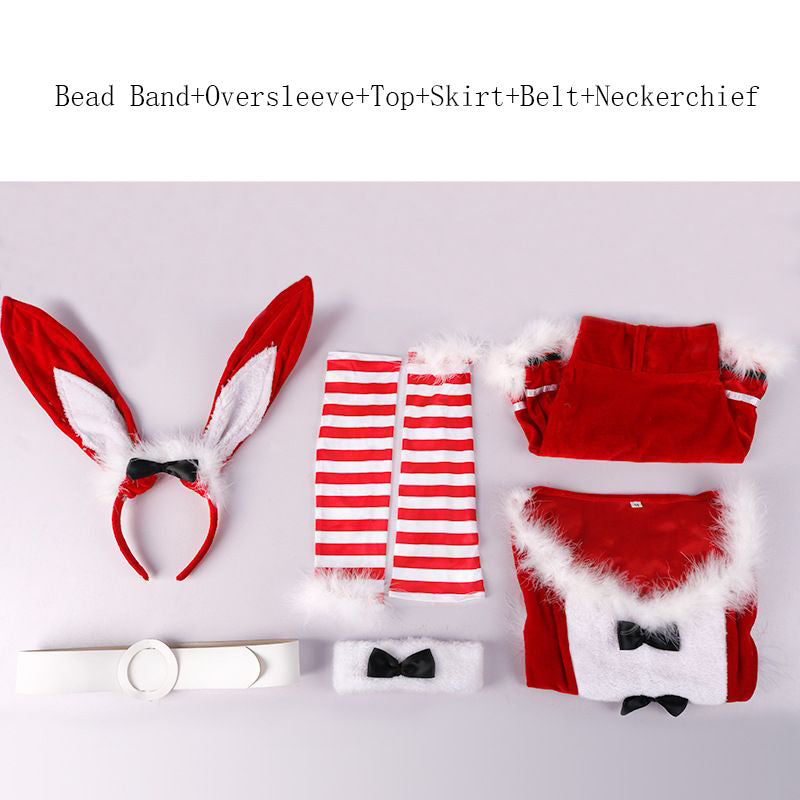 Women Christmas Bunny Lingerie Set 6 Piece Sexy Santa Red Chemise with Belt
