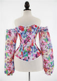 Women Corset Bustier with Puffy Sleeves Floral Gothic Overbust Burlesque Corset