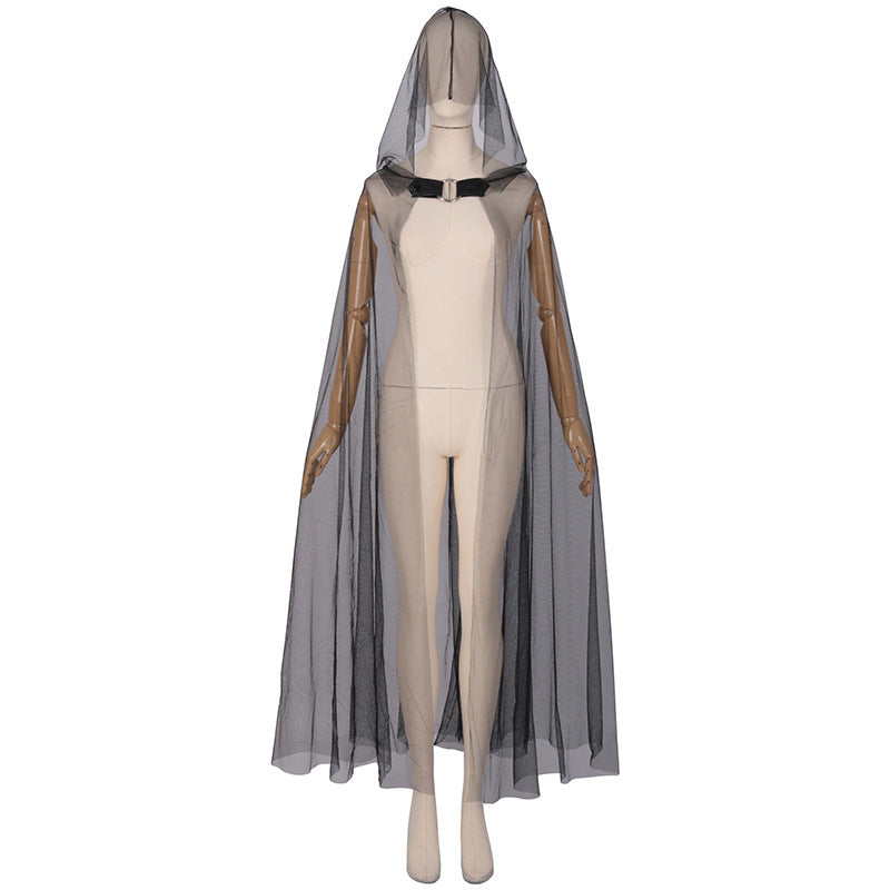 Women Ghost Tulle Cape Haunted Hooded Cloak Bride Vampire Cosplay Costume For Halloween
