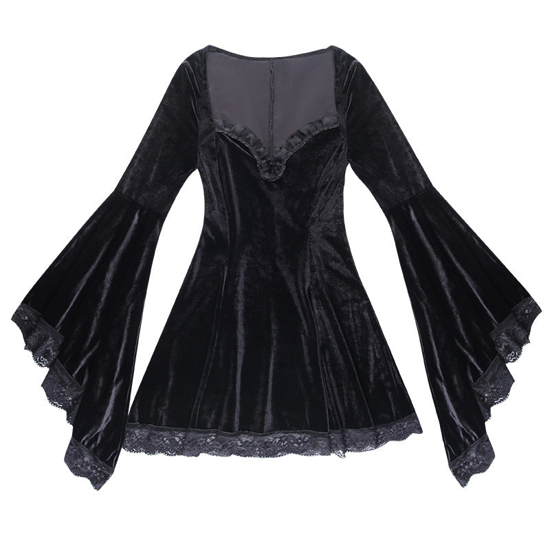 Women Gothic Lace Velvet Dress Black Lace Goth Vintage Dresses