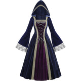 Women Medieval Tea Party Dress Victorian Era Bubble Sleeves Velvet High Waist Long Dress with Belt and Gloves