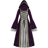 Women Medieval Tea Party Dress Victorian Era Bubble Sleeves Velvet High Waist Long Dress with Belt and Gloves