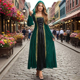 Women Medieval Tea Party Dress Victorian Era Bubble Sleeves Velvet High Waist Long Dress with Belt and Gloves