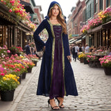 Women Medieval Tea Party Dress Victorian Era Bubble Sleeves Velvet High Waist Long Dress with Belt and Gloves