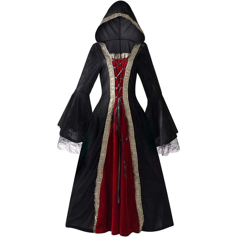 Women Medieval Tea Party Dress Victorian Era Bubble Sleeves Velvet High Waist Long Dress with Belt and Gloves
