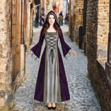 Women Medieval Tea Party Dress Victorian Era Bubble Sleeves Velvet High Waist Long Dress with Belt and Gloves