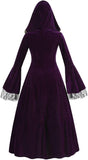 Women Medieval Tea Party Dress Victorian Era Bubble Sleeves Velvet High Waist Long Dress with Belt and Gloves
