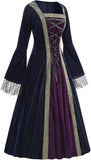 Women Medieval Tea Party Dress Victorian Era Bubble Sleeves Velvet High Waist Long Dress with Belt and Gloves