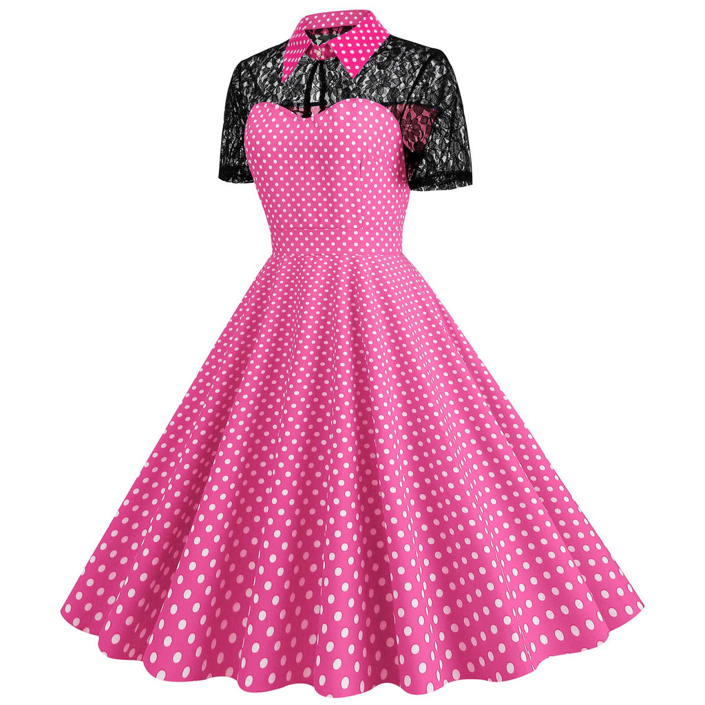 Women Pink Vintage Polka Dot 1950s Rockabilly Audrey Dress Floral Cocktail Swing Dress