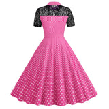 Women Pink Vintage Polka Dot 1950s Rockabilly Audrey Dress Floral Cocktail Swing Dress