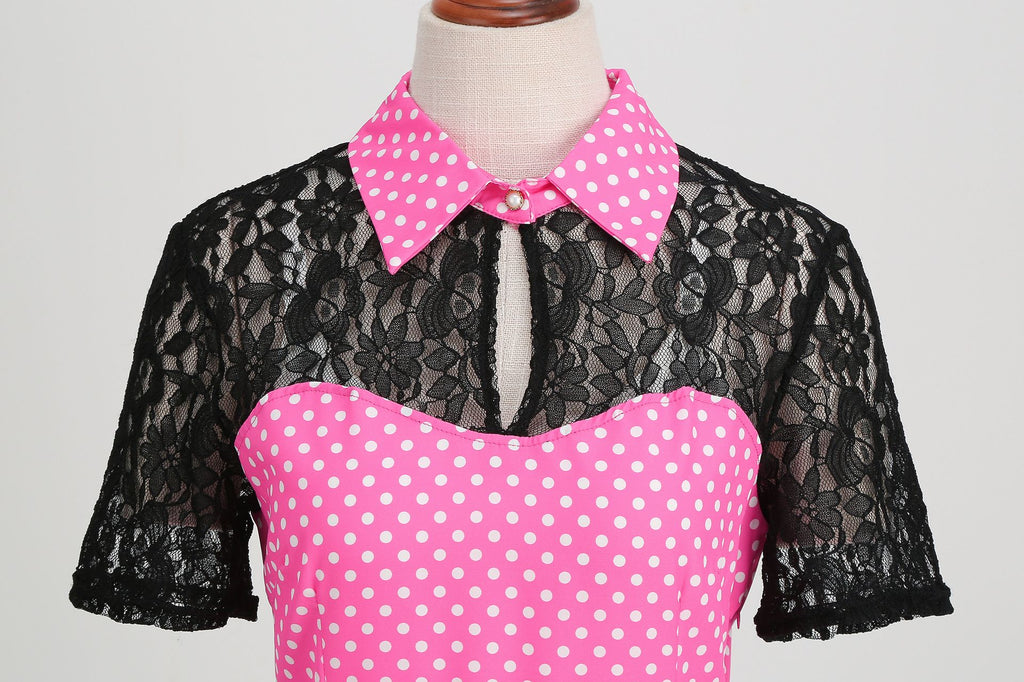 Women Pink Vintage Polka Dot 1950s Rockabilly Audrey Dress Floral Cocktail Swing Dress