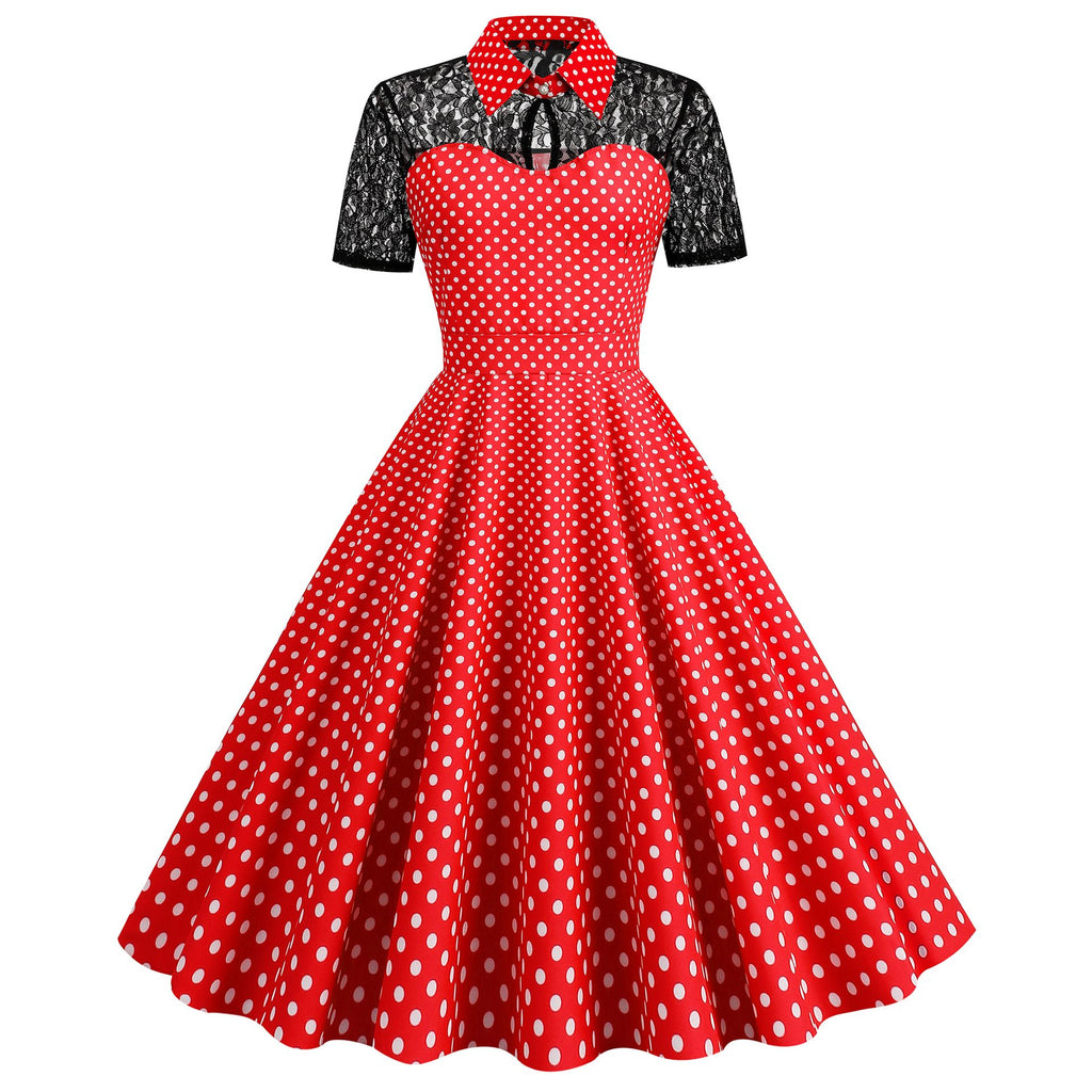 Women Pink Vintage Polka Dot 1950s Rockabilly Audrey Dress Floral Cocktail Swing Dress