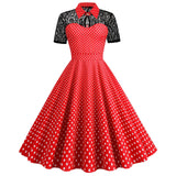 Women Pink Vintage Polka Dot 1950s Rockabilly Audrey Dress Floral Cocktail Swing Dress