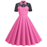 Women Pink Vintage Polka Dot 1950s Rockabilly Audrey Dress Floral Cocktail Swing Dress