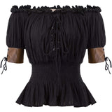 Women Renaissance Off Shoulder Blouse Smocked Waist Pirate Shirt Peplum Tops