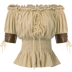 Women Renaissance Off Shoulder Blouse Smocked Waist Pirate Shirt Peplum Tops
