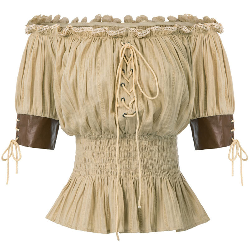 Women Renaissance Off Shoulder Blouse Smocked Waist Pirate Shirt Peplum Tops