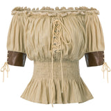 Women Renaissance Off Shoulder Blouse Smocked Waist Pirate Shirt Peplum Tops