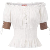 Women Renaissance Off Shoulder Blouse Smocked Waist Pirate Shirt Peplum Tops