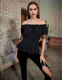 Women Renaissance Off Shoulder Blouse Smocked Waist Pirate Shirt Peplum Tops
