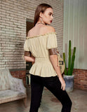Women Renaissance Off Shoulder Blouse Smocked Waist Pirate Shirt Peplum Tops