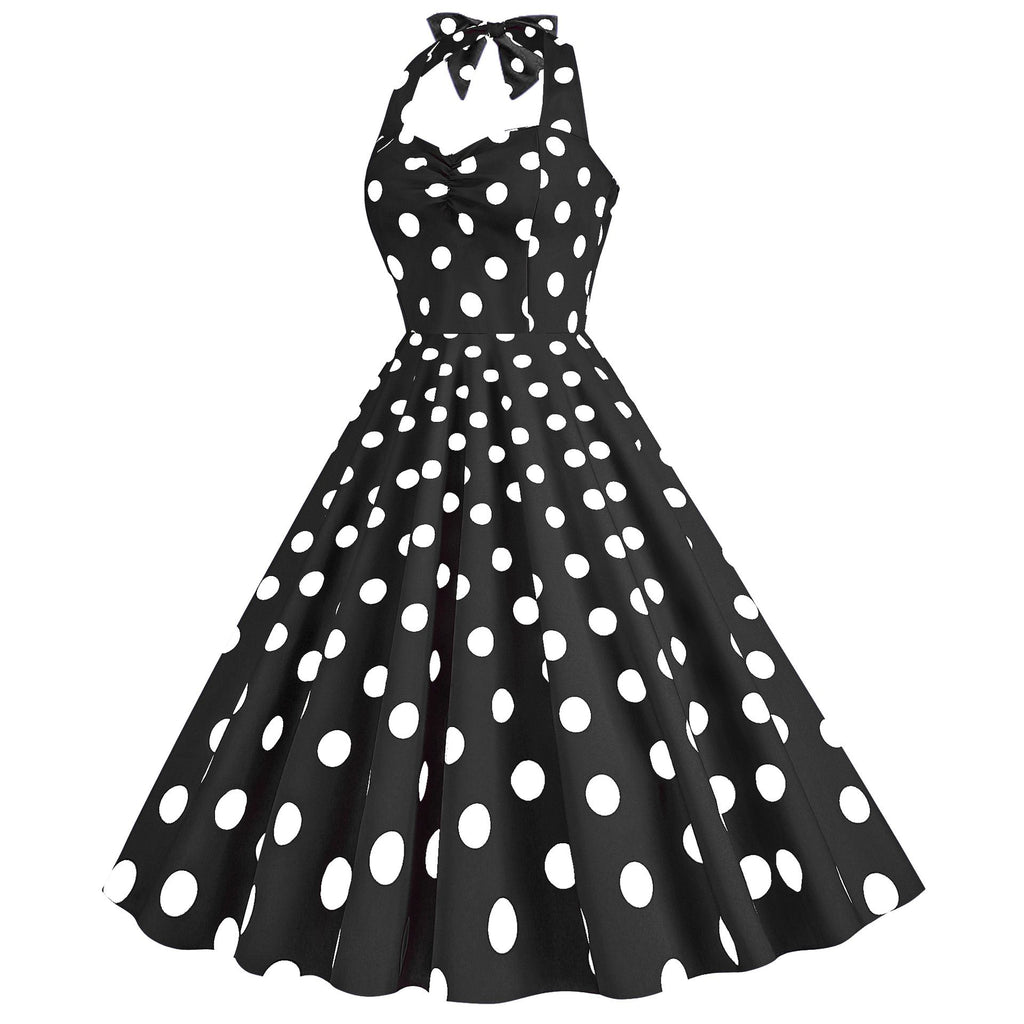 Women Retro Audrey Hepburn Dress Halter Polka Dot 50's 60's 80's Prom Vintage Swing Dresses